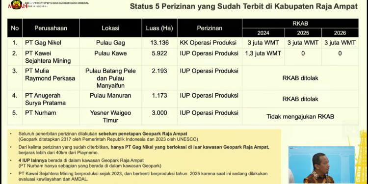 Pemerintah Cabut 4 Izin Usaha Pertambangan di Raja Ampat