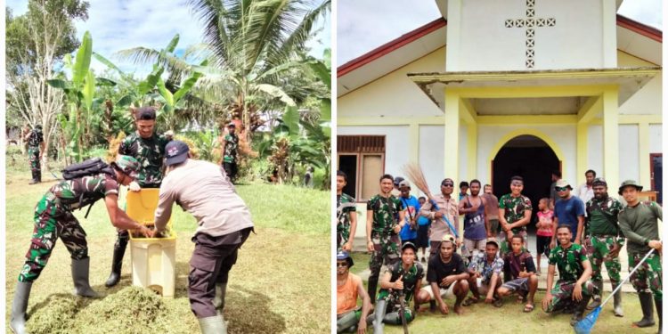 Personel Gabungan dan Masyarakat Gotong Royong Bersihkan Gereja di Keerom