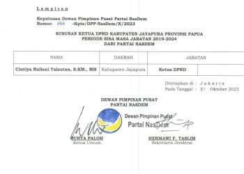 DPP NasDem Keluarkan SK Pergantian Ketua DPRD Kabupaten Jayapura