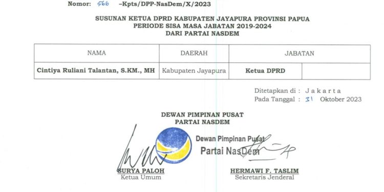 DPP NasDem Keluarkan SK Pergantian Ketua DPRD Kabupaten Jayapura